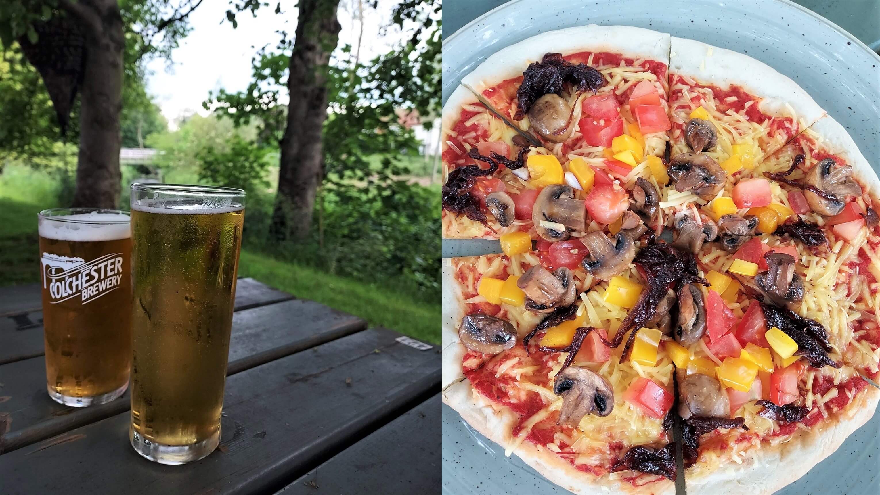 2 beers on a picnic table at the swan inn, and a vegetarian pizza